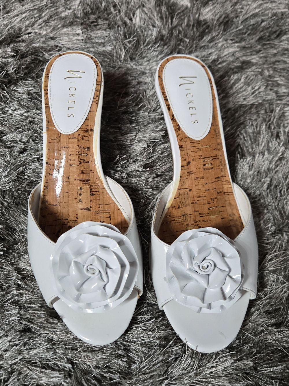 Nickels White Patent Floral Slide Kitten Heel